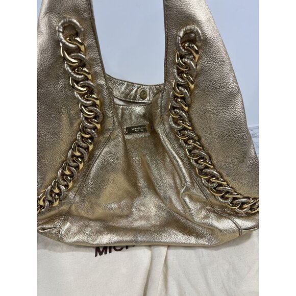 Michael Kors Gold Leather Shoulder Bag w/ Chain Accent & Canvas Storage Bag MK - Picture 4 of 13
